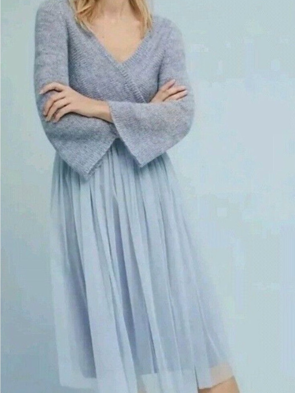 Anthropologie Maeve Blue V-Neck Wrap Mohair Sweater Dress with Tulle Skirt